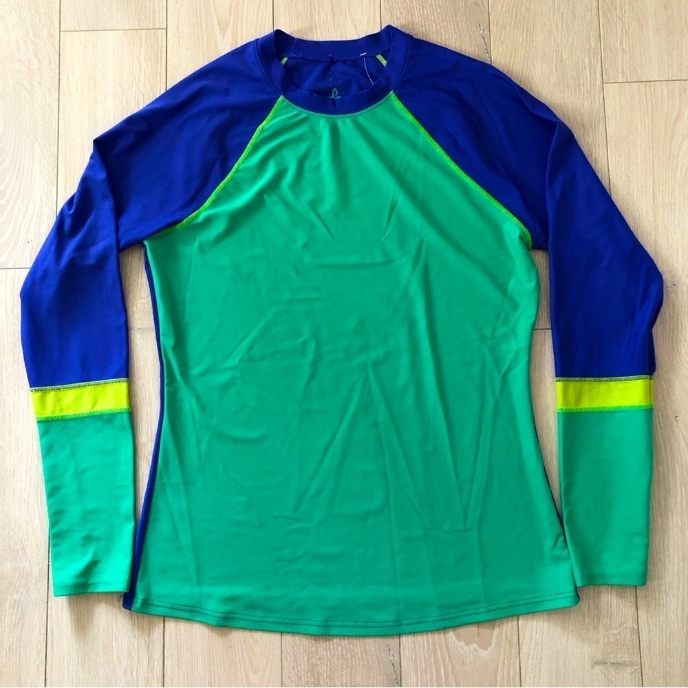 Prana Workout Surfer Long Sleeve T Shirt in Blue & Green Size M